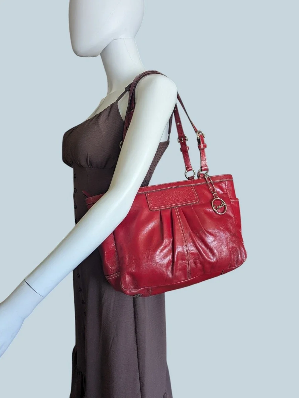 Coach Red Leather Shoulder Tote with Charm
